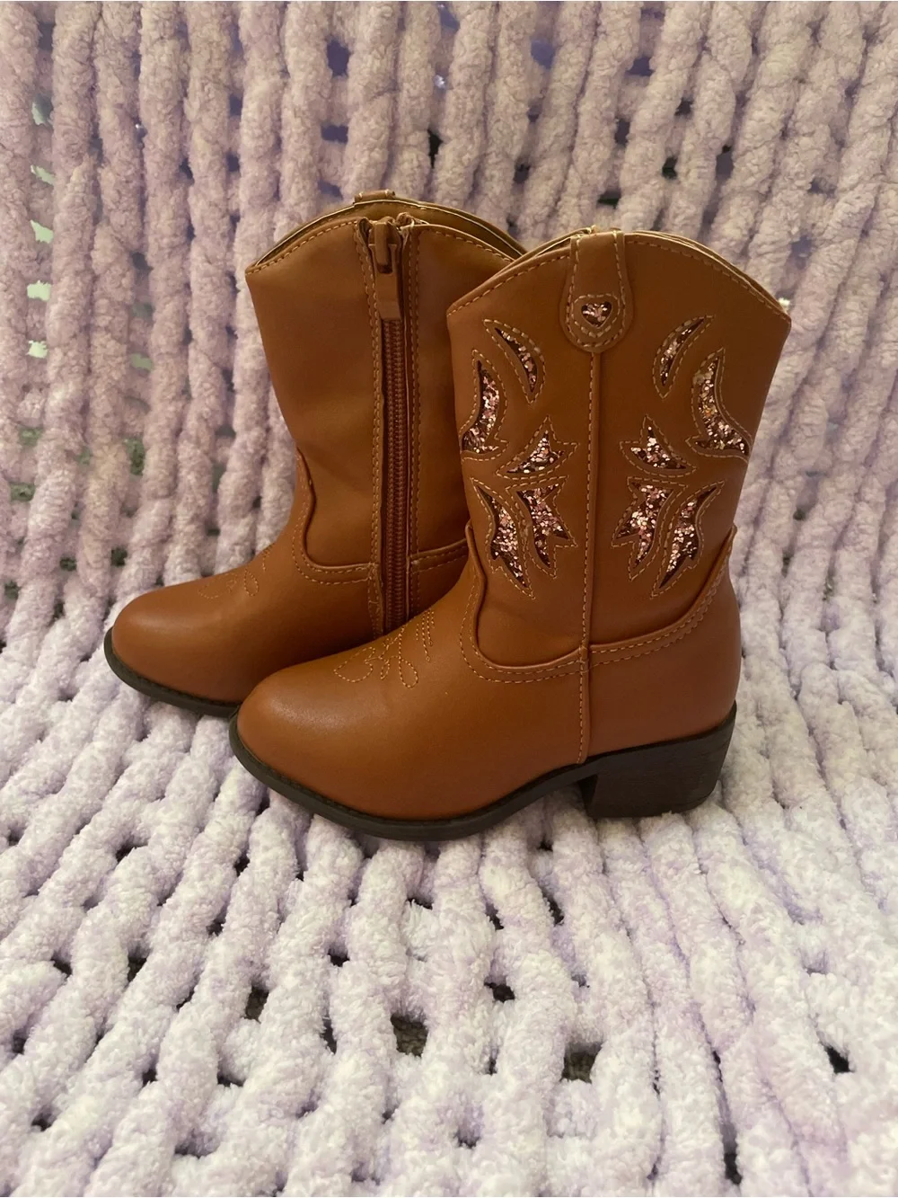American Exchange Girls' Tan Brown Western Cowboy Boots with Sequin